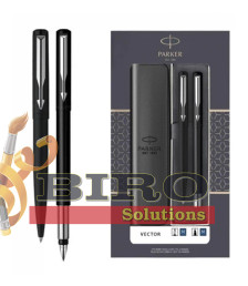 Set Parker Vector Metal Negru GT – stilou + pix, casetă cu fereastră și etui